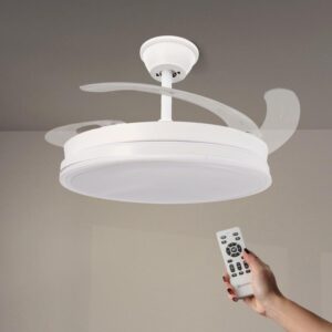 Iluminashop - Sufitowy wentylator z oświetleniem LED White Olga, pilot zdalnego sterowania, silnik DC, 6 prędkości, cicha praca, chowane łopatki, funkcja lato-zima, timer, regulacja CCT