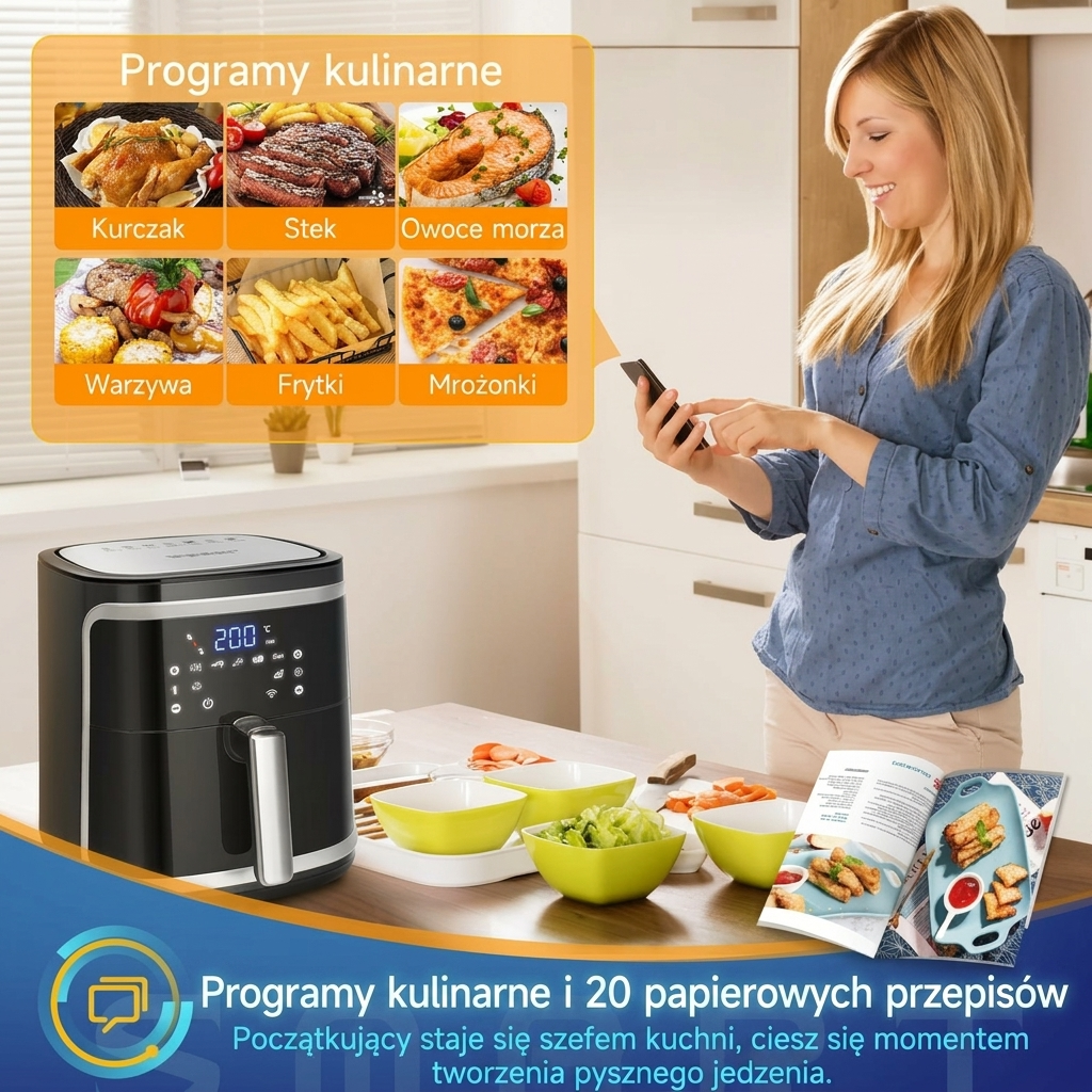 Bezolejowa frytkownica powietrzna XXL 7L, 1900W, inteligentna. Łączność Wi-Fi. Ekran LED dotykowy, 7 wstępnie ustawionych funkcji, bez BPA. PREZENT: Czajnik elektryczny 1,7L - Image 4